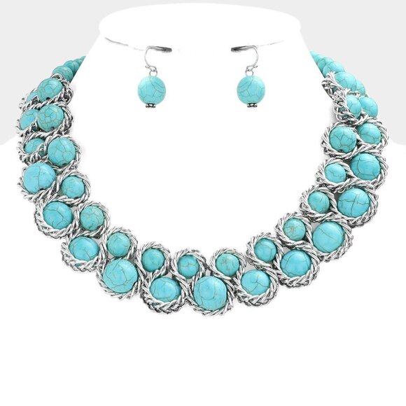 NEW Turquoise Stone Silver Metal Braided Cluster Collar Necklace Set - Picture 2 of 8